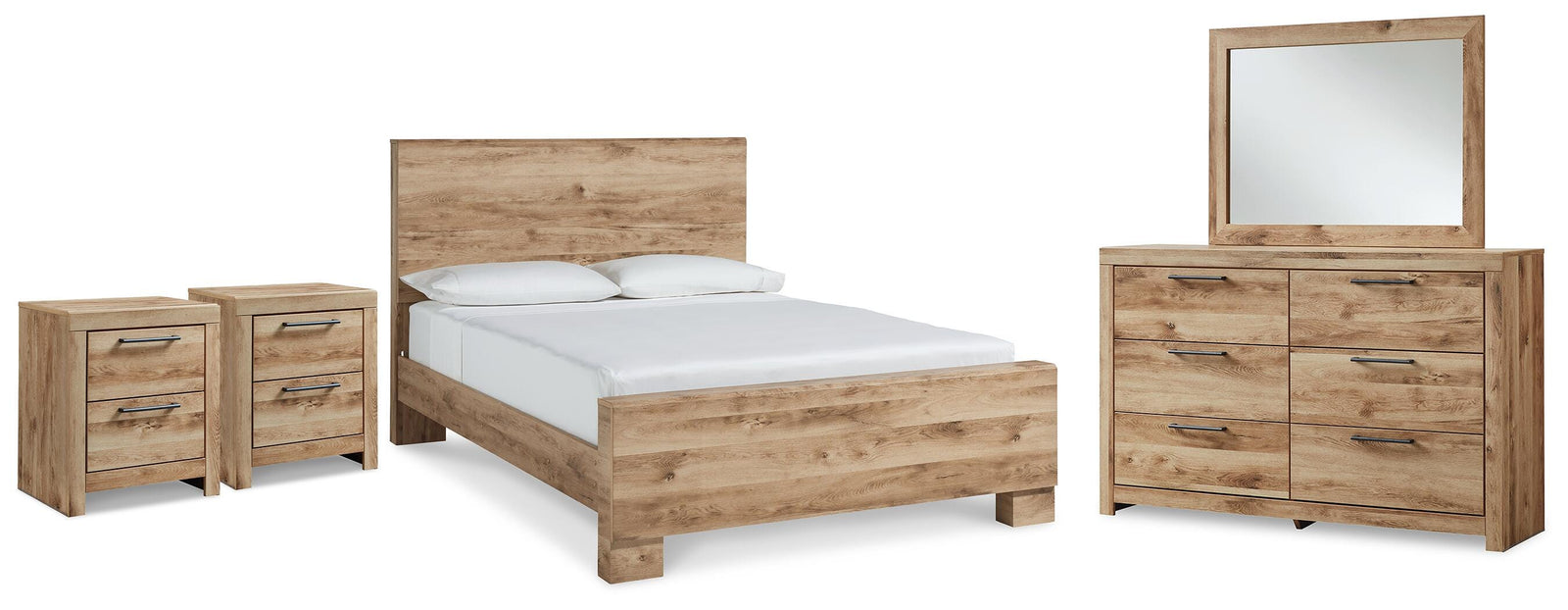 Hyanna Panel Bed with Dresser, Mirror and 1 Nightstand - Tan Brown (B1050-SI)