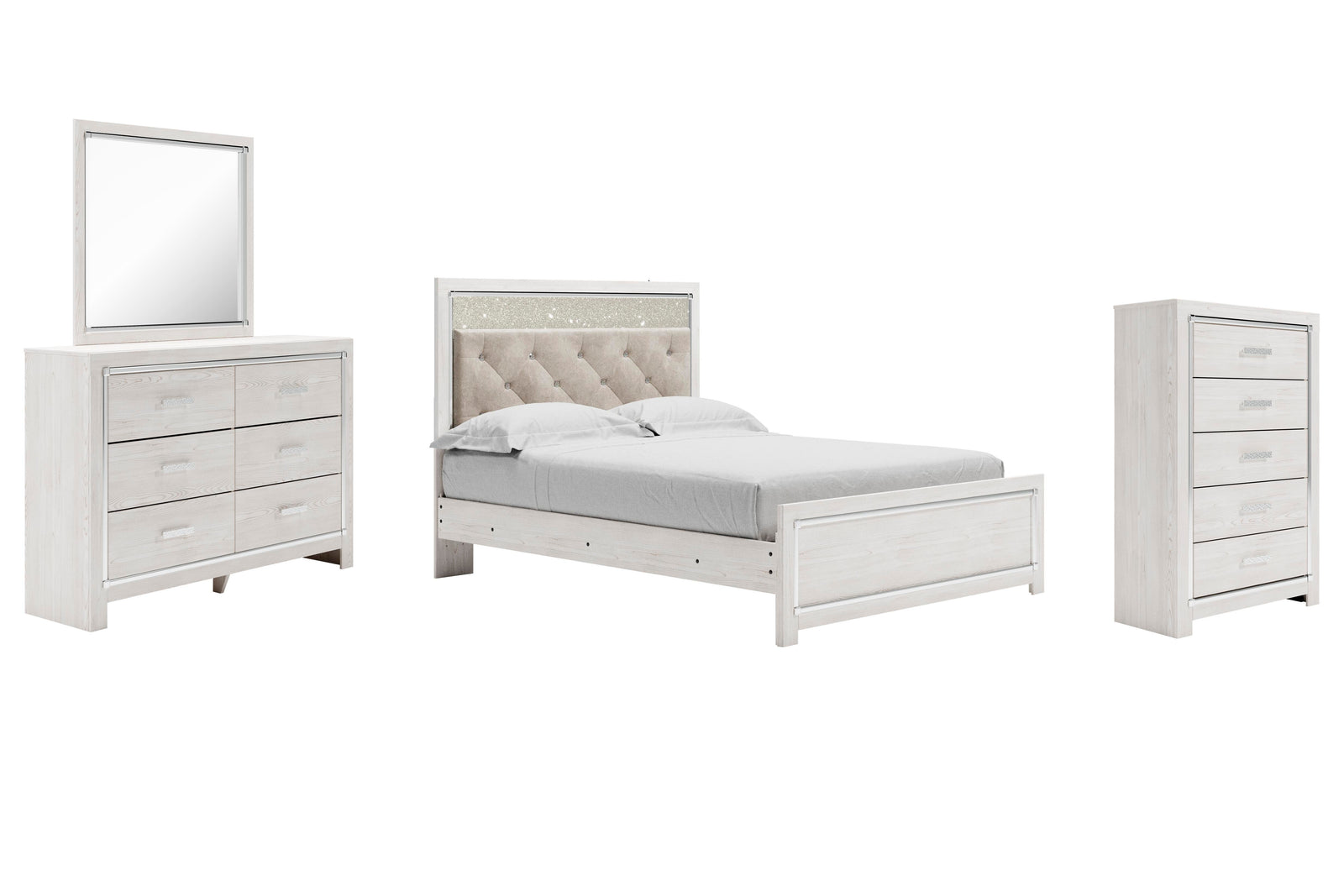 Altyra Upholstered Panel Bed, Dresser, Mirror, and Chest - White (B2640-SI)