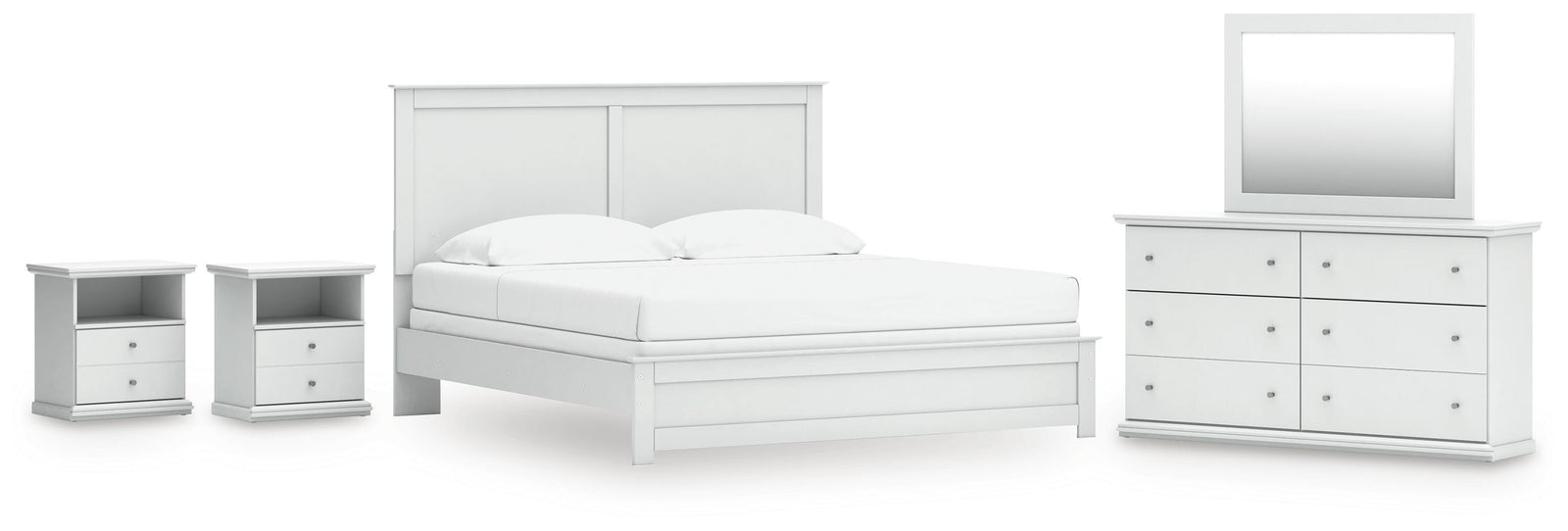 Bostwick Shoals Panel Bed, Dresser, Mirror and 2 Nightstands - White (B139-SI)