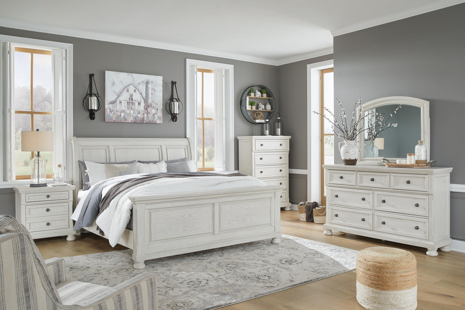 Robbinsdale Sleigh Bed, Dresser and Mirror - Antique White (B742-SI) - Image 9