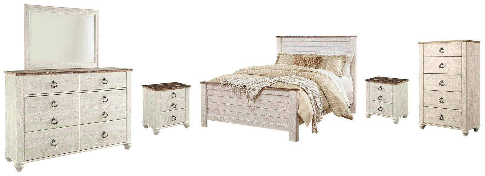 Willowton Panel Bed, Dresser, Mirror, Chest and 2 Nightstands - Whitewash (B267-SI)