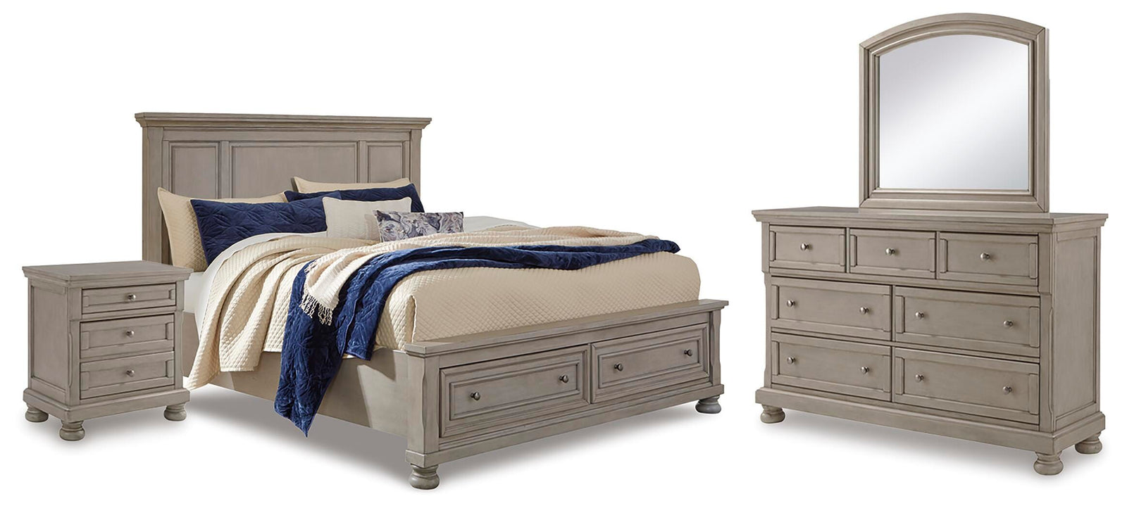 Lettner Panel Storage Bed, Dresser, Mirror and Nightstand - Light Gray (B733-SI)