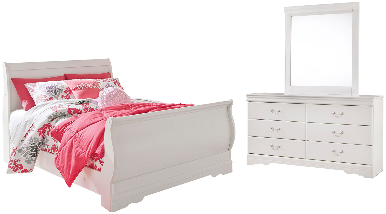 Anarasia Sleigh Bed with Dresser and Mirror - White (B129-SI)