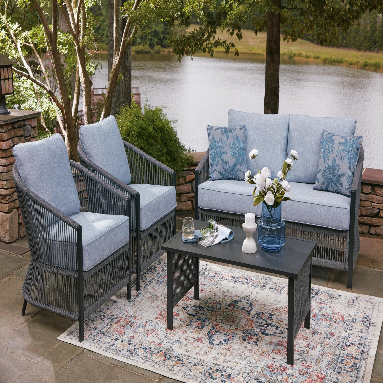Bridges Beach Outdoor Love/Chairs/Table Set (Set of 4) (PCP391-SI) - Image 5