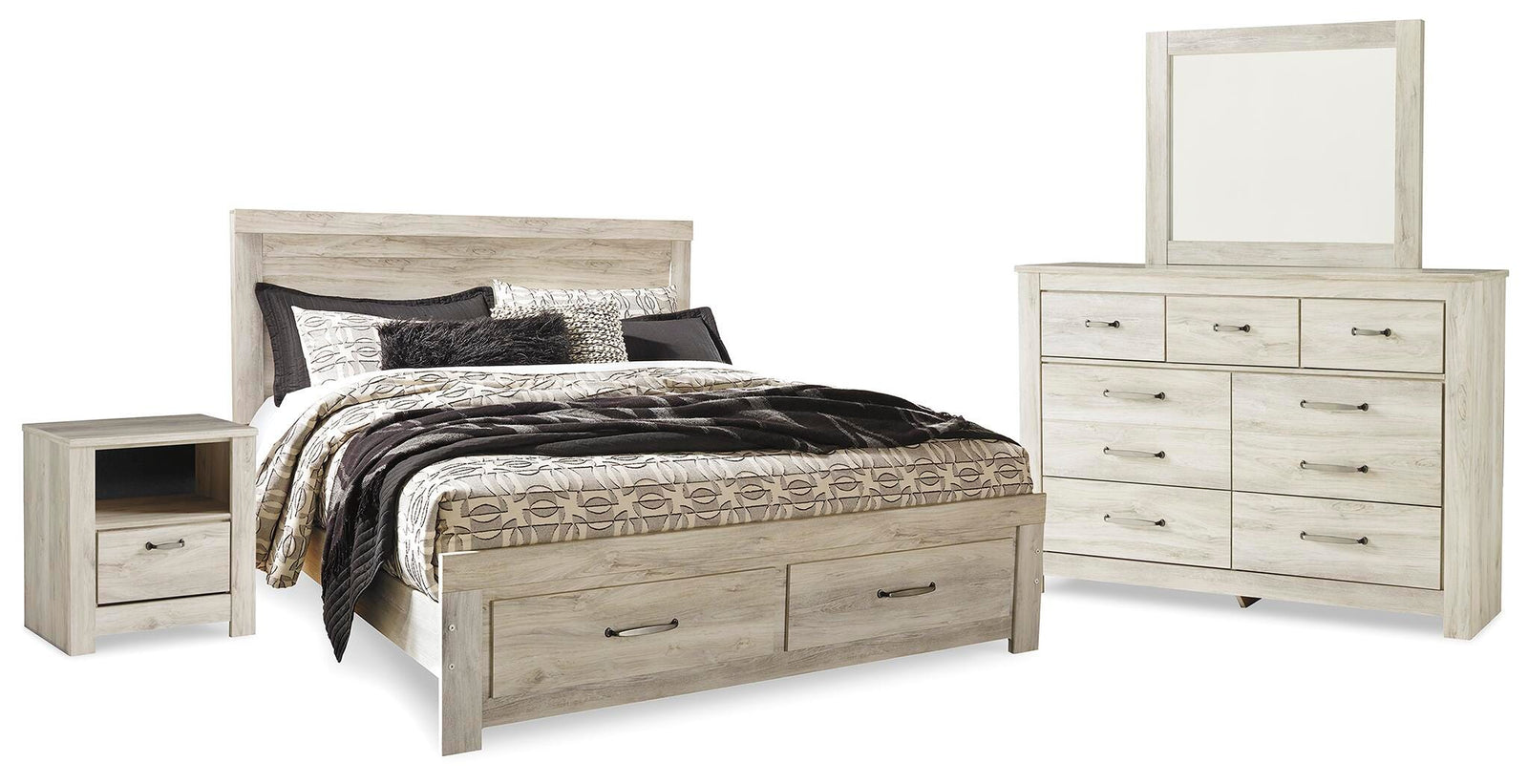 Bellaby Panel Storage Bed, Dresser, Mirror and Nightstand - Whitewash (B331-SI)