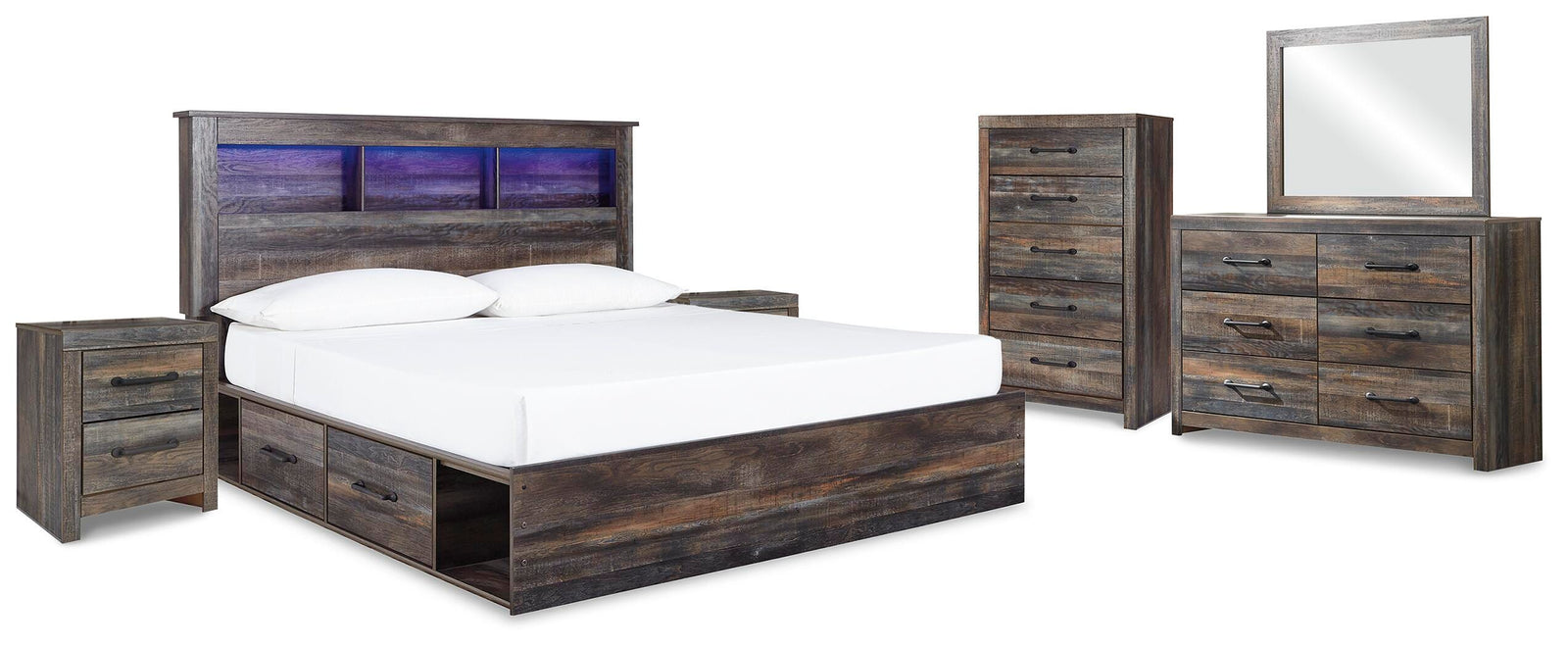 Drystan Bookcase Storage Bed, Dresser, Mirror, Chest and 2 Nightstands - Multi (B211-SI)