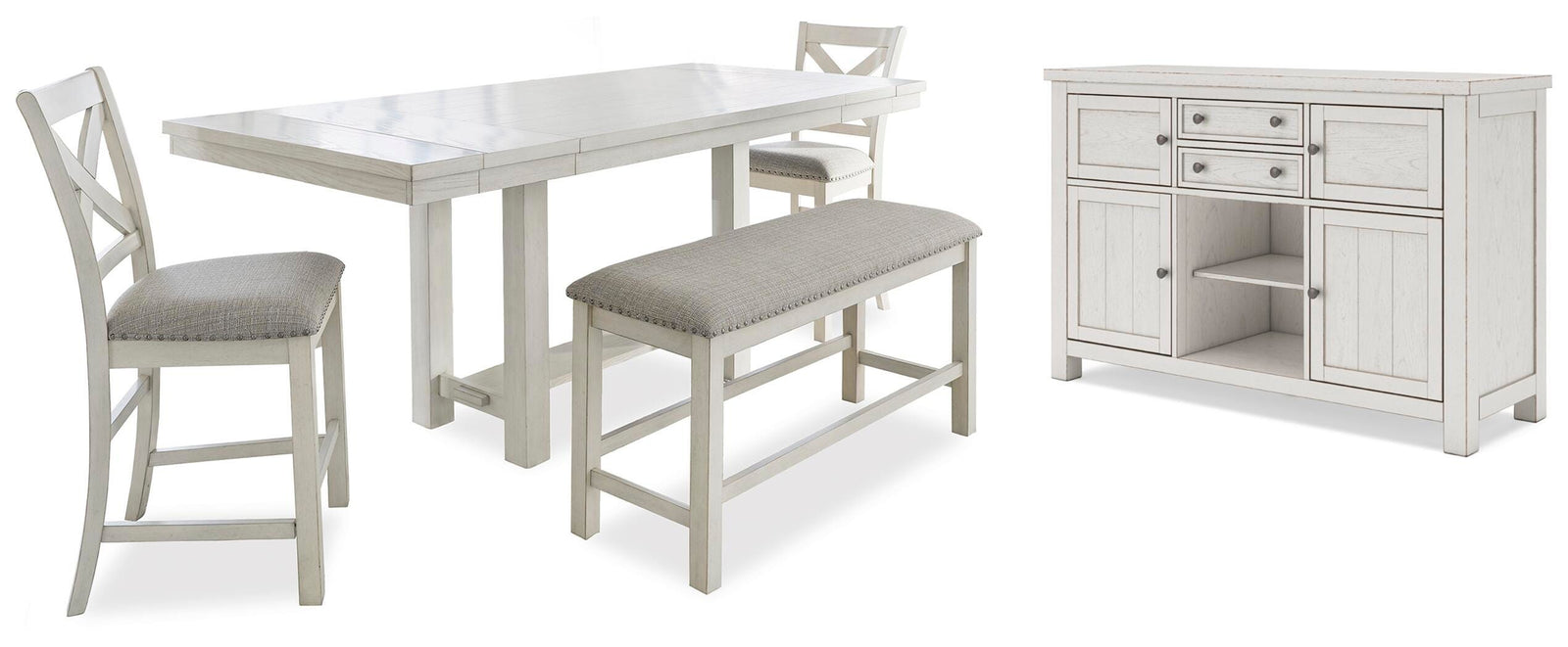 Robbinsdale Counter Height Dining Table, 2 Barstools, Bench and Server (D642-SI)