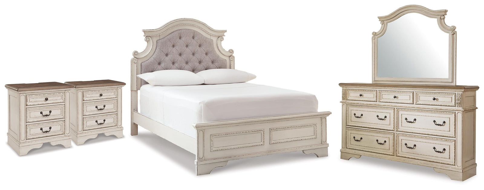 Realyn Upholstered Panel Bed, Dresser, Mirror and 2 Nightstands (B743-SI)