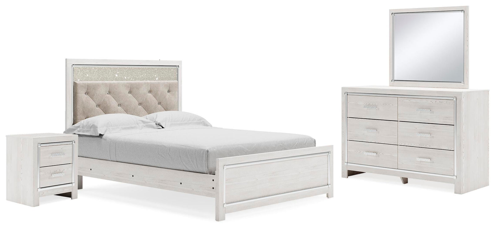 Altyra Upholstered Panel Bed, Dresser, Mirror, and Nightstand - White (B2640-SI)