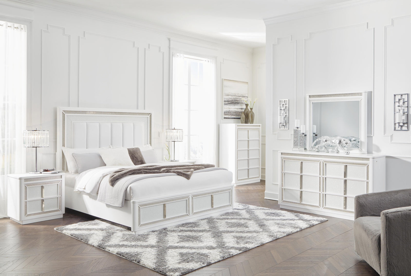Chalanna Upholstered Storage Bed, Dresser and Mirror - White (B822-SI) - Image 9
