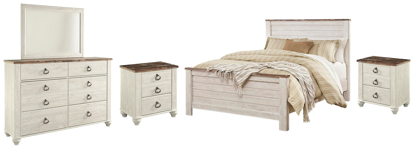 Willowton Panel Bed, Dresser, Mirror and 2 Nightstands - Whitewash (B267-SI)