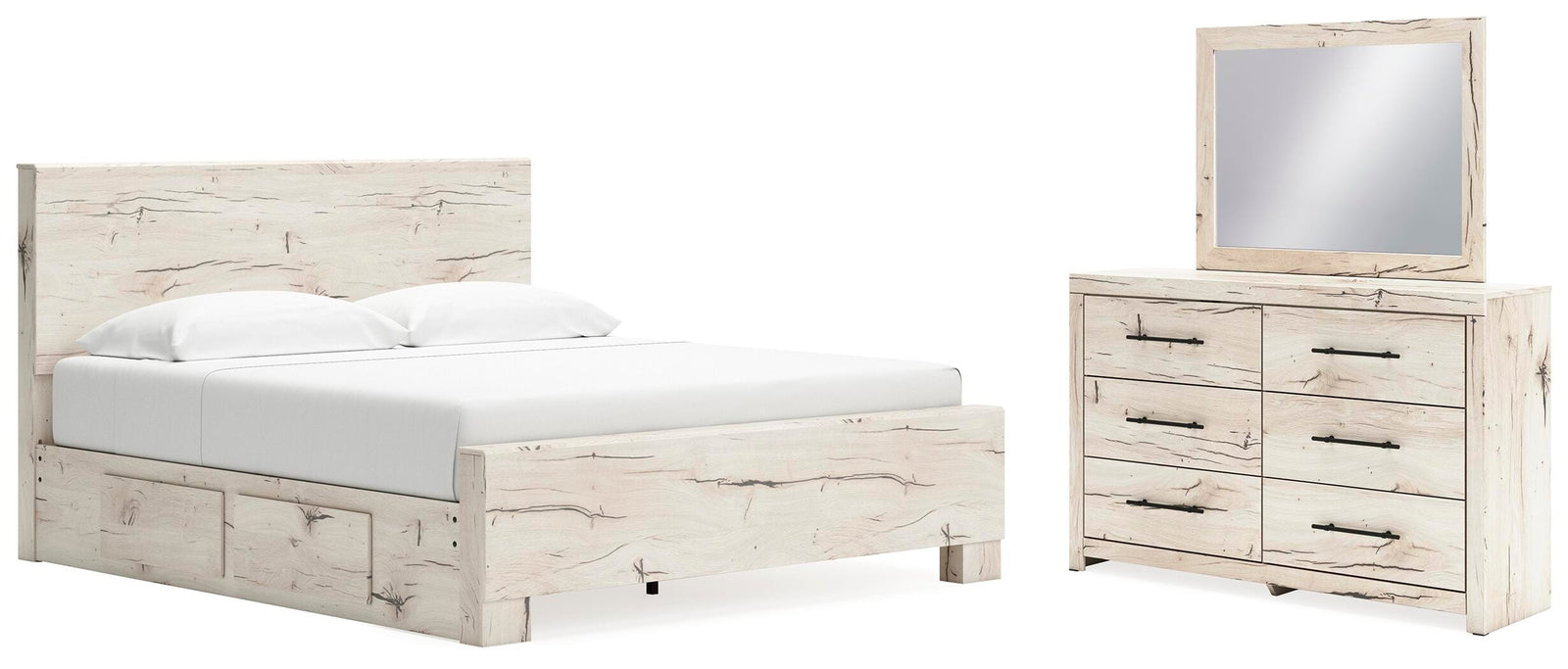 Lawroy Panel Bed with Storage, Dresser and Mirror - Light Natural (B2310-SI)