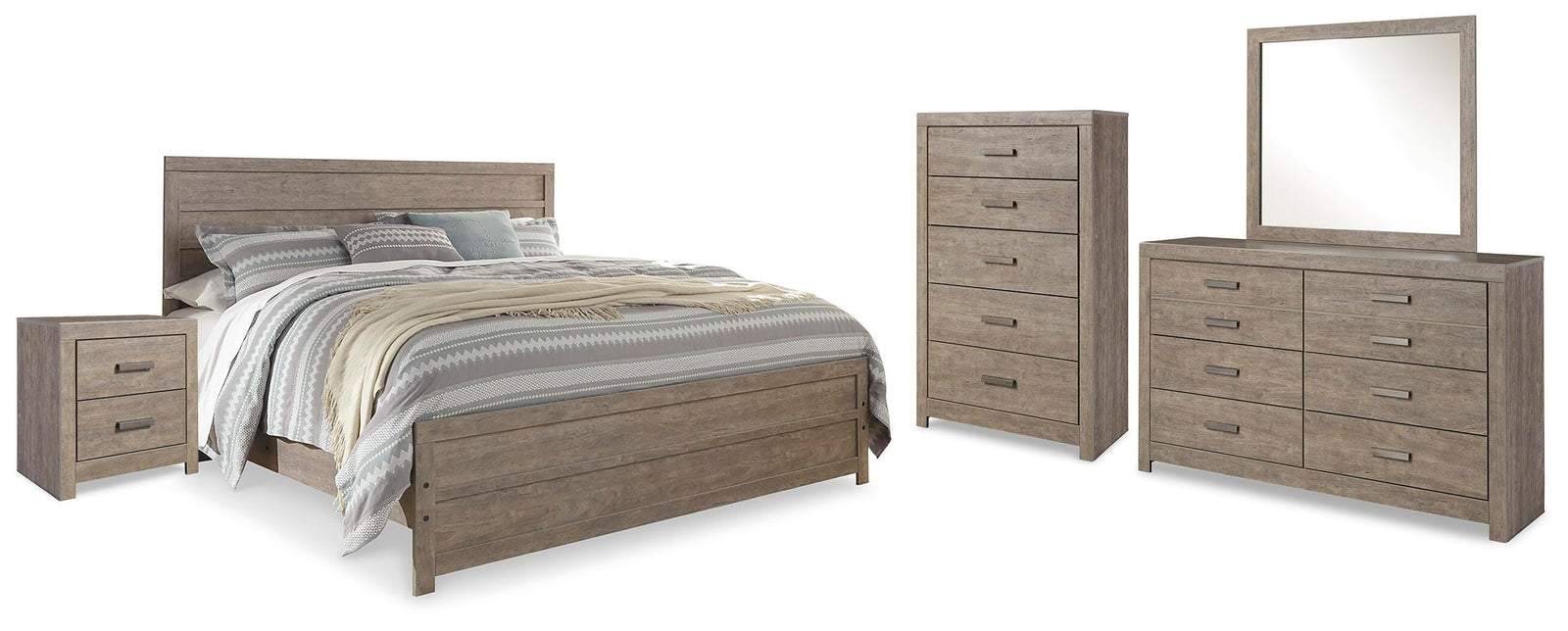 Culverbach Panel Bed, Dresser, Mirror, Chest and Nightstand - Gray (B070-SI)