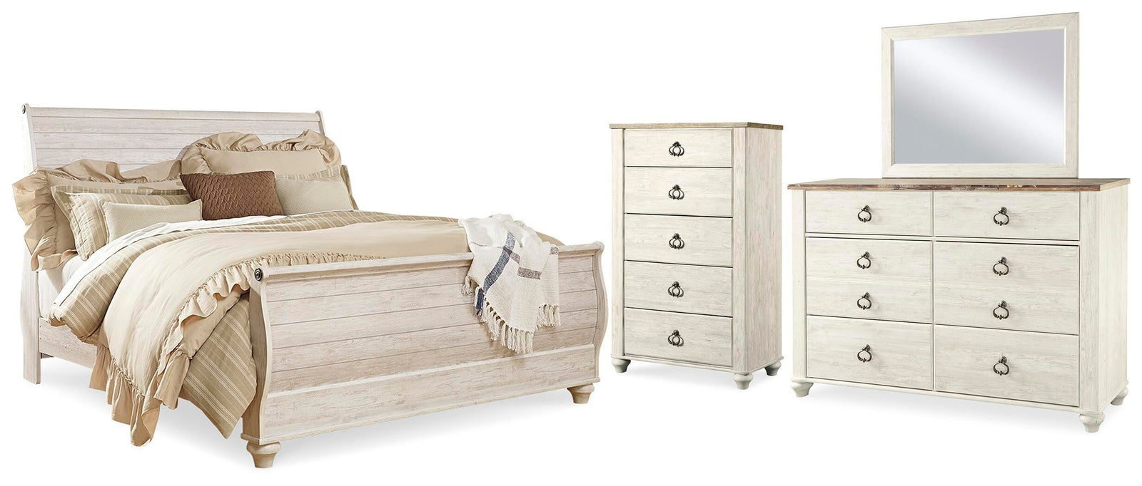 Willowton Sleigh Bed, Dresser, Mirror and Chest - Whitewash (B267-SI)