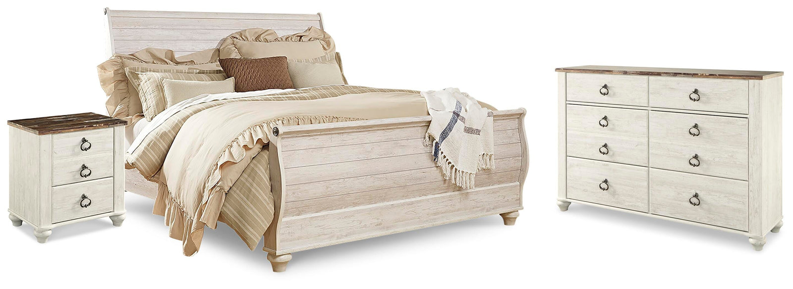 Willowton Sleigh Bed, Dresser and Nightstand - Whitewash (B267-SI)