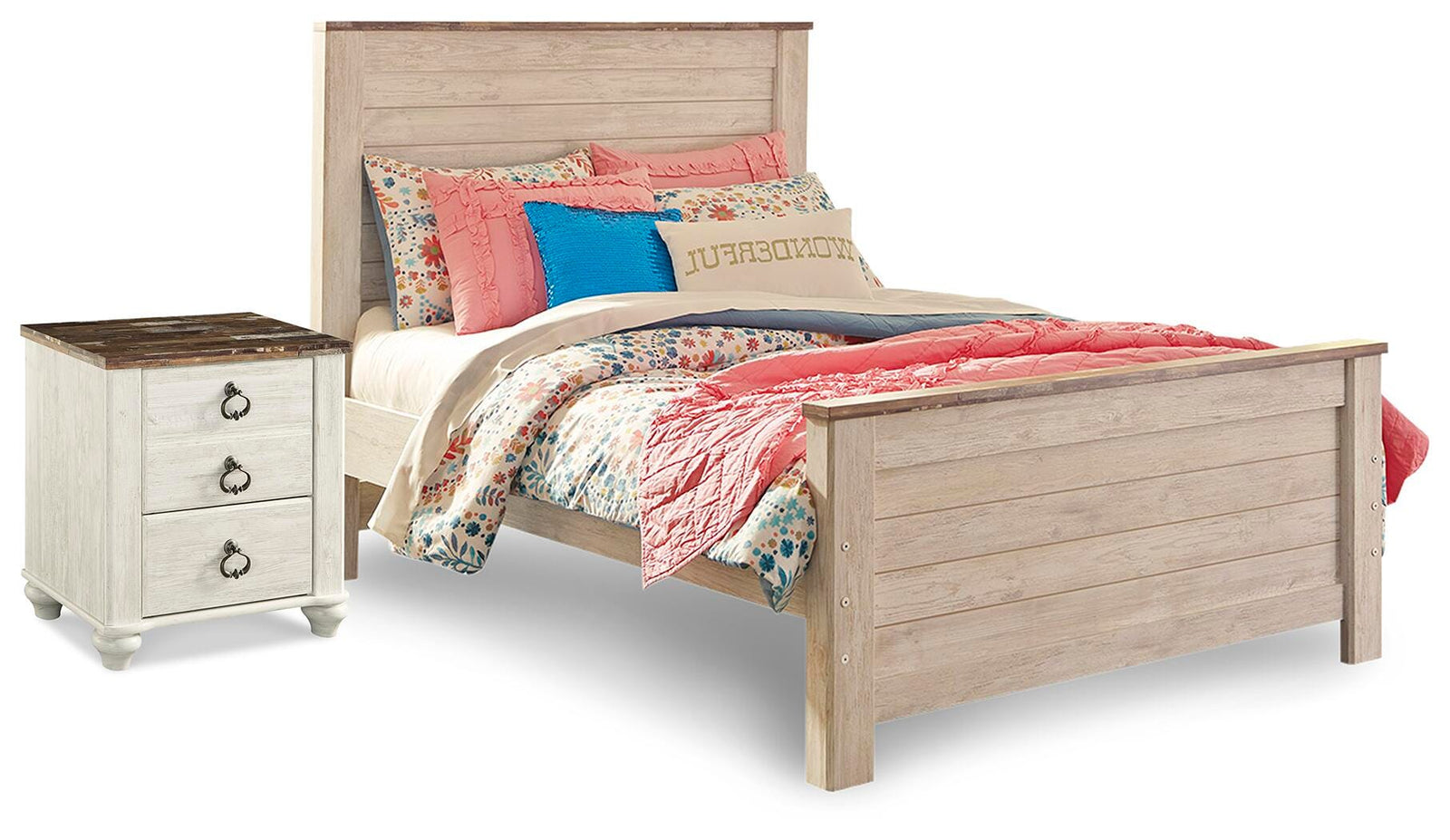 Willowton Panel Bed and Nightstand - Whitewash (B267-SI)