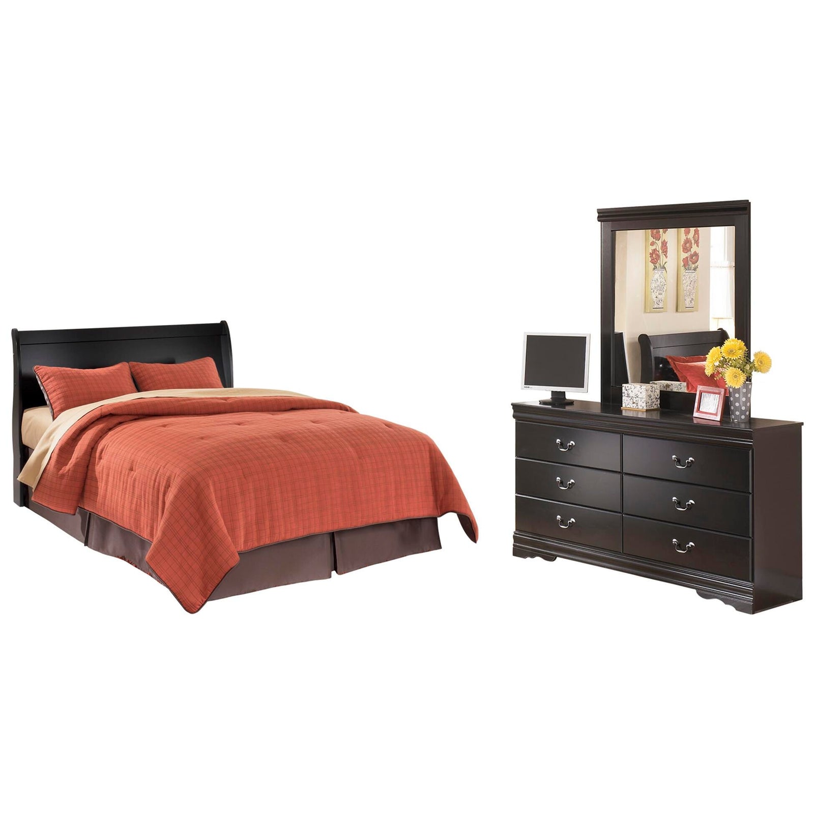 Huey Vineyard Sleigh Headboard, Dresser and Mirror - Black (B128-SI)