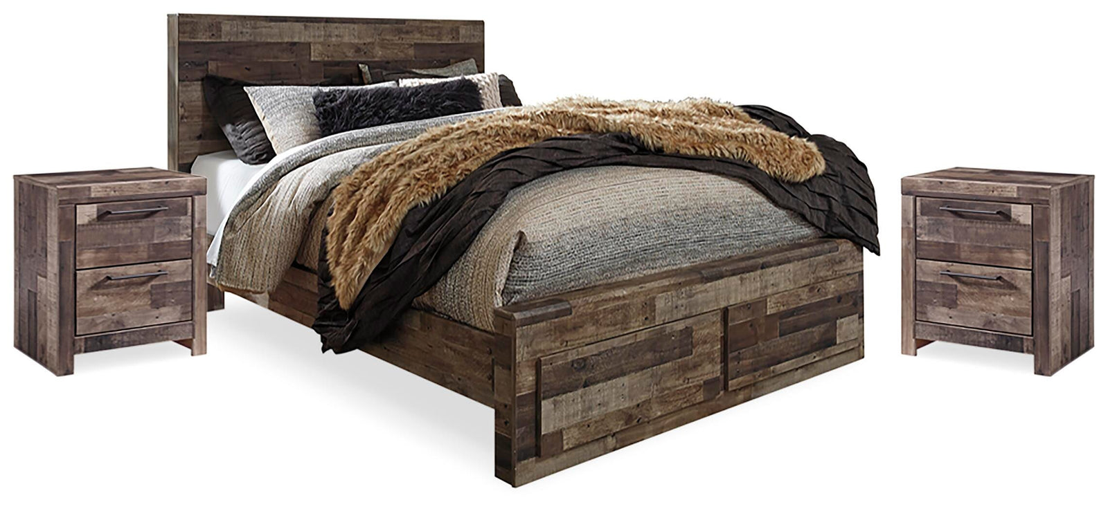 Derekson Panel Storage Bed and 2 Nightstands - Multi Gray (B200-SI)