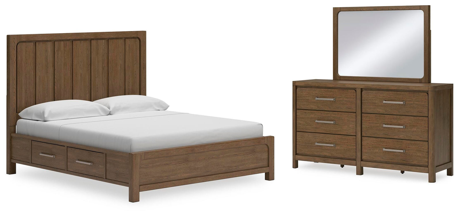Cabalynn Panel Bed with Storage, Dresser and Mirror - Light Brown (B974-SI)