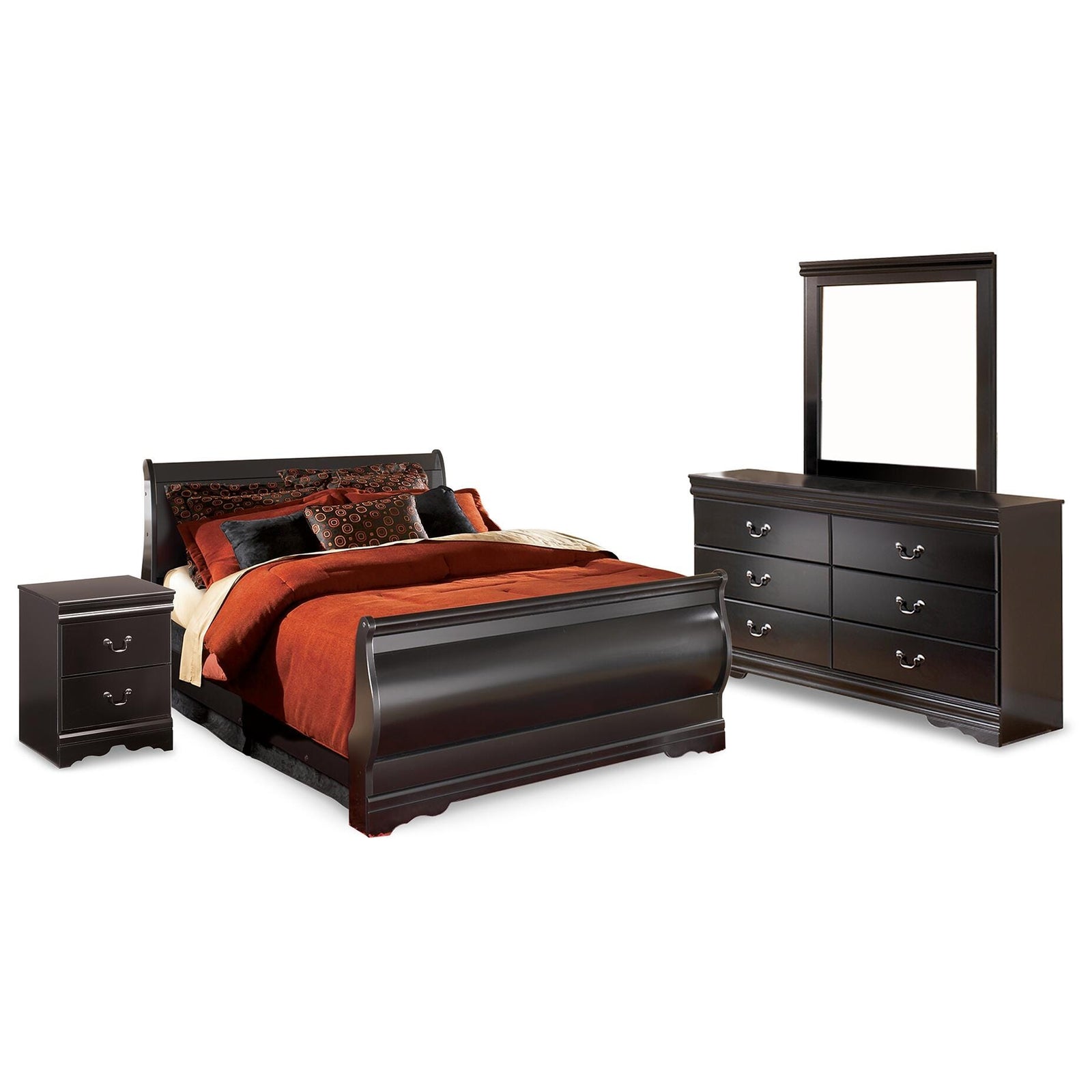 Huey Vineyard Sleigh Bed, Dresser, Mirror and Nightstand - Black (B128-SI)