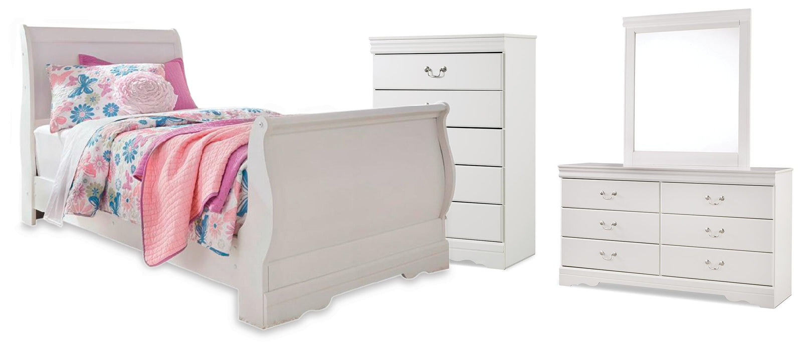 Anarasia Sleigh Bed, Dresser, Mirror and Chest - White (B129-SI)