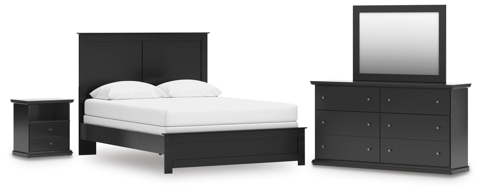 Maribel Panel Bed with Dresser, Mirror and Nightstand - Black (B138-SI)