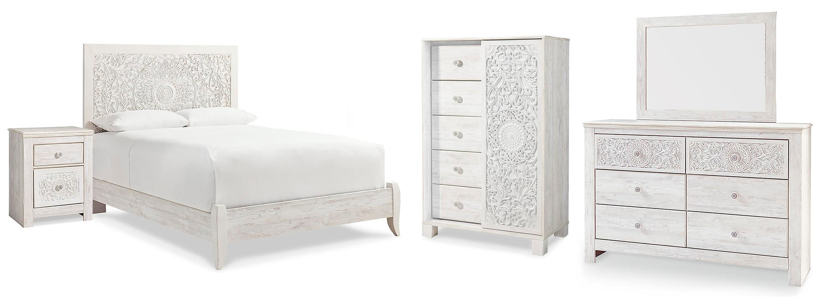 Paxberry Panel Bed, Dresser, Mirror, Chest and Nightstand - Whitewash (B181-SI)