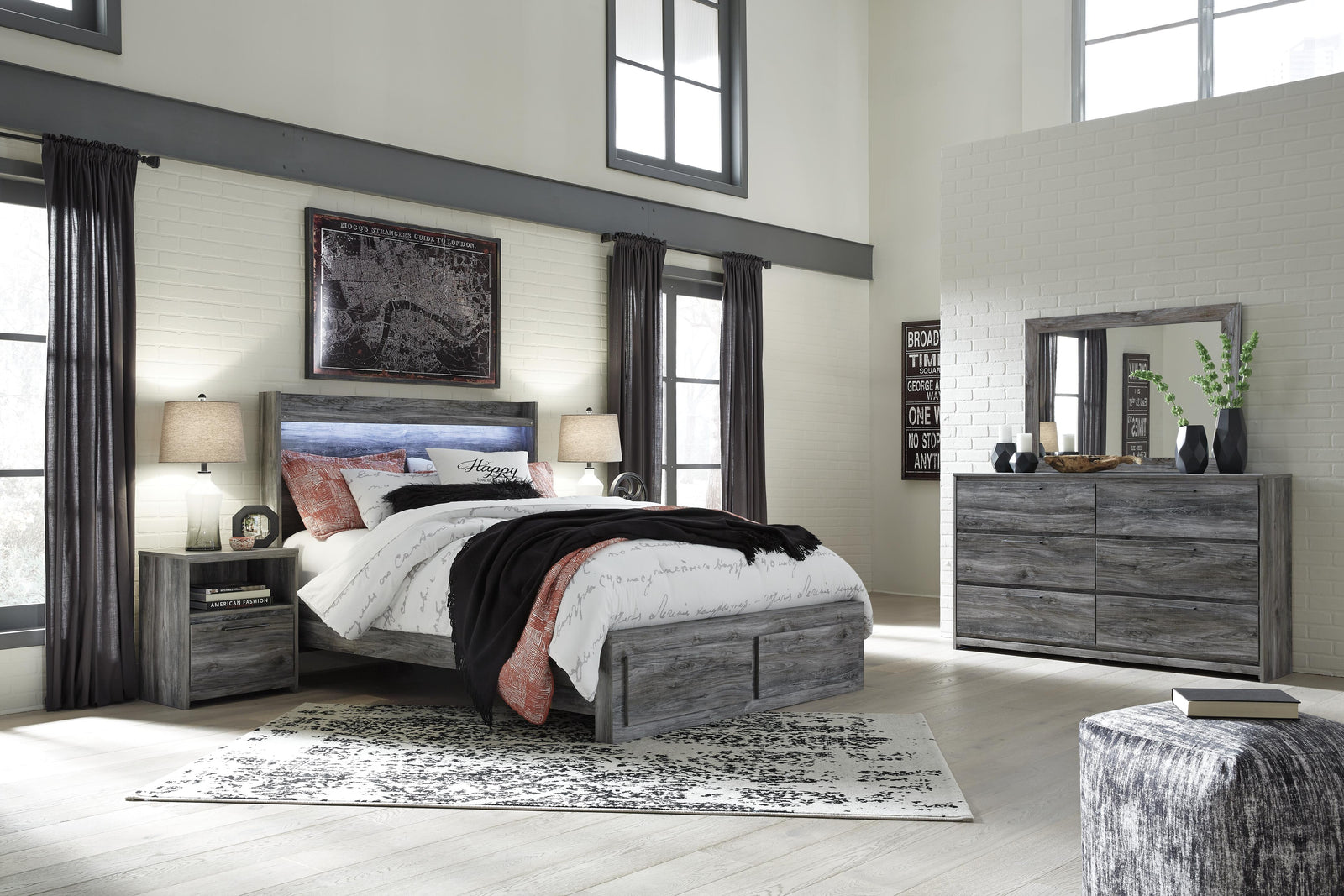 Baystorm Panel Storage Bed with Mirrored Dresser and Nightstand - Gray (B221-SI) - Image 11