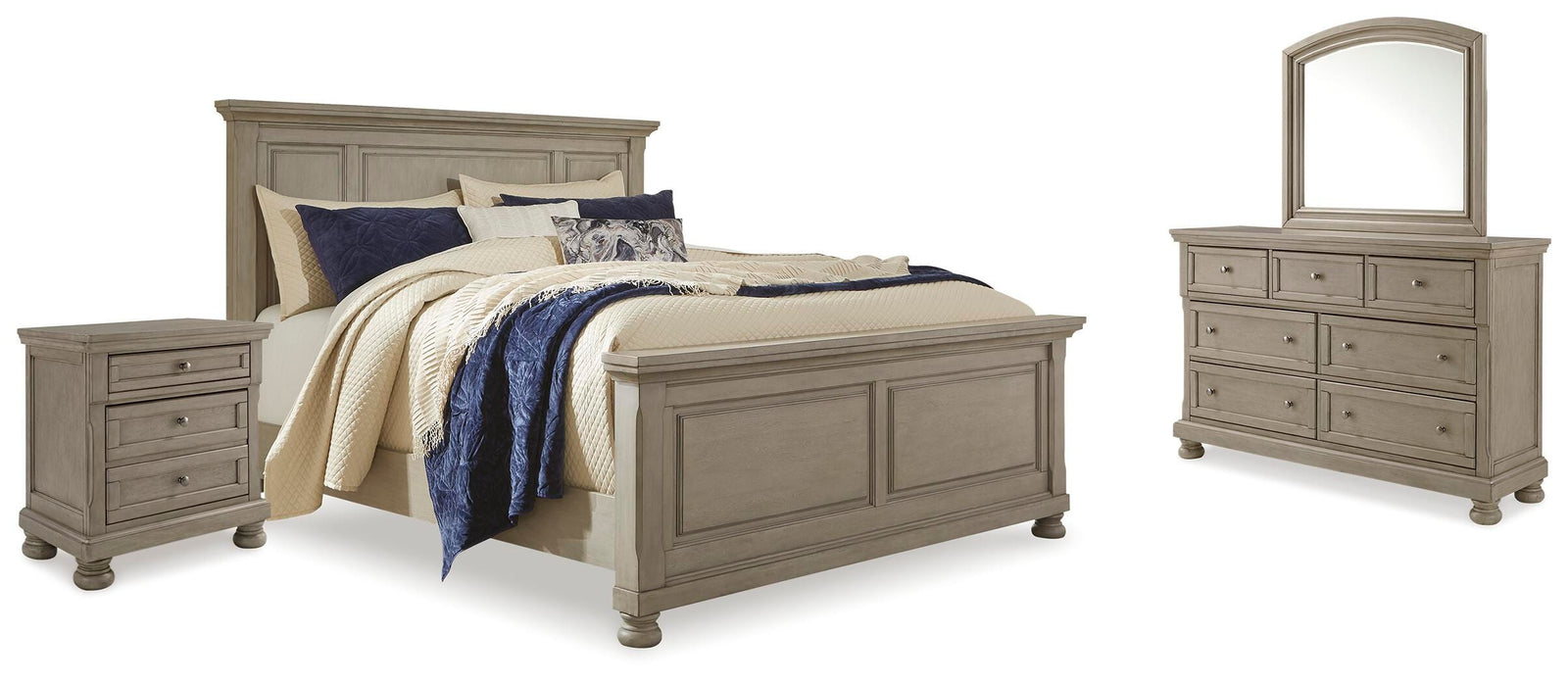 Lettner Panel Bed, Dresser, Mirror and 2 Nightstands - Light Gray (B733-SI)