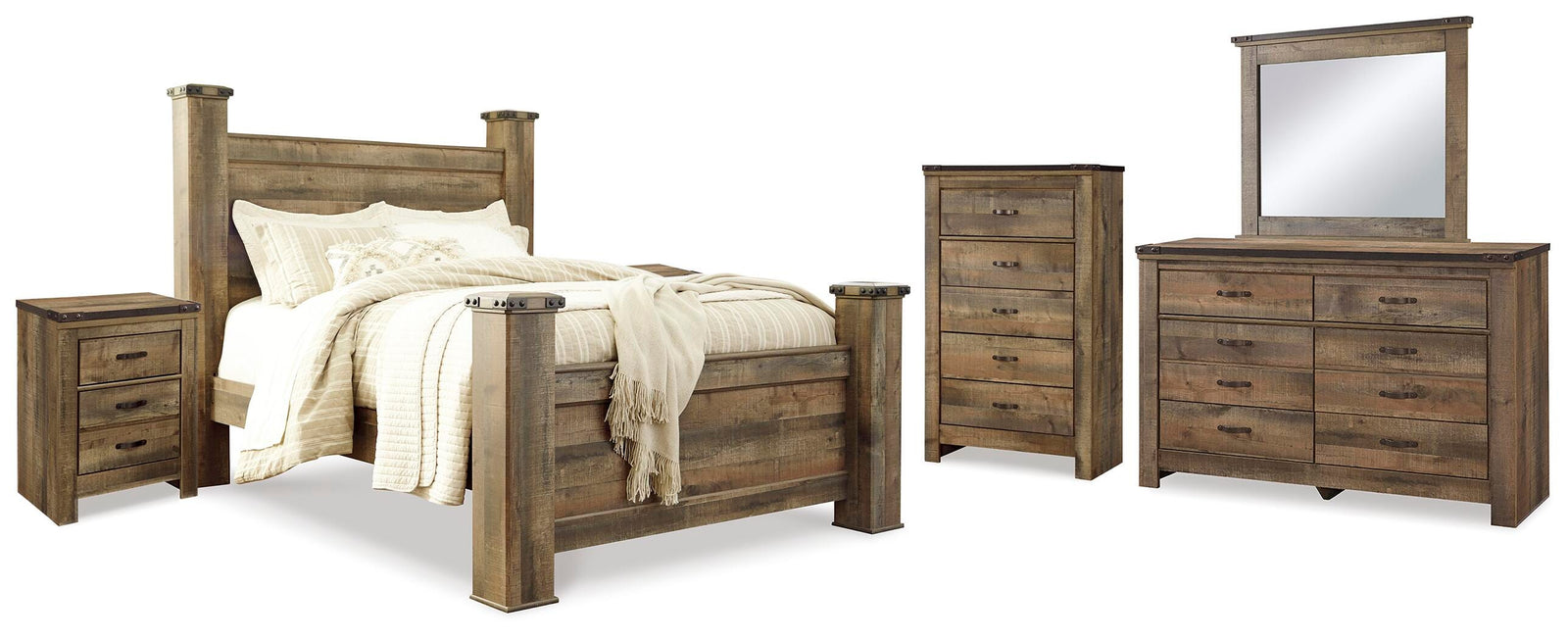 Trinell Poster Bed, Dresser, Mirror, Chest and 2 Nightstands - Brown (B446-SI)