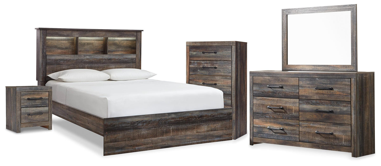 Drystan Bookcase Panel Bed, Dresser, Mirror Chest and Nightstand (B211-SI)