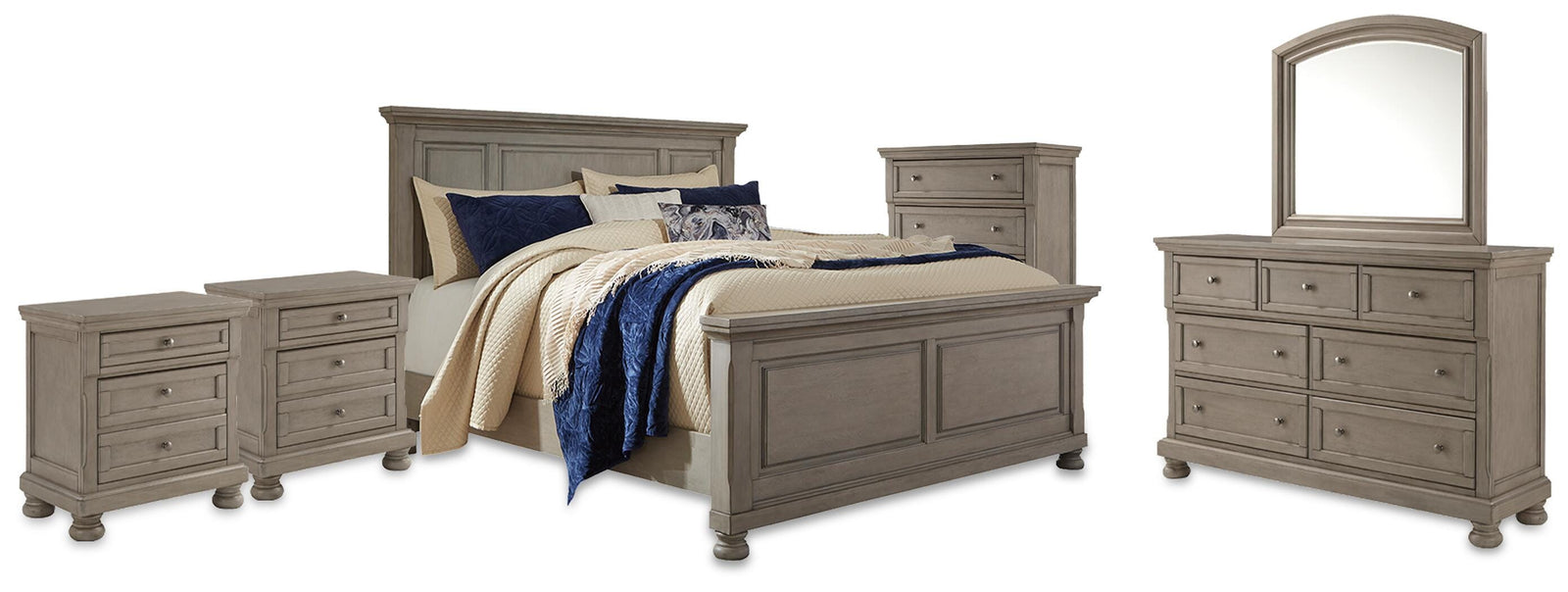 Lettner Panel Bed, Dresser, Mirror, Chest and 2 Nightstands - Light Gray (B733-SI)