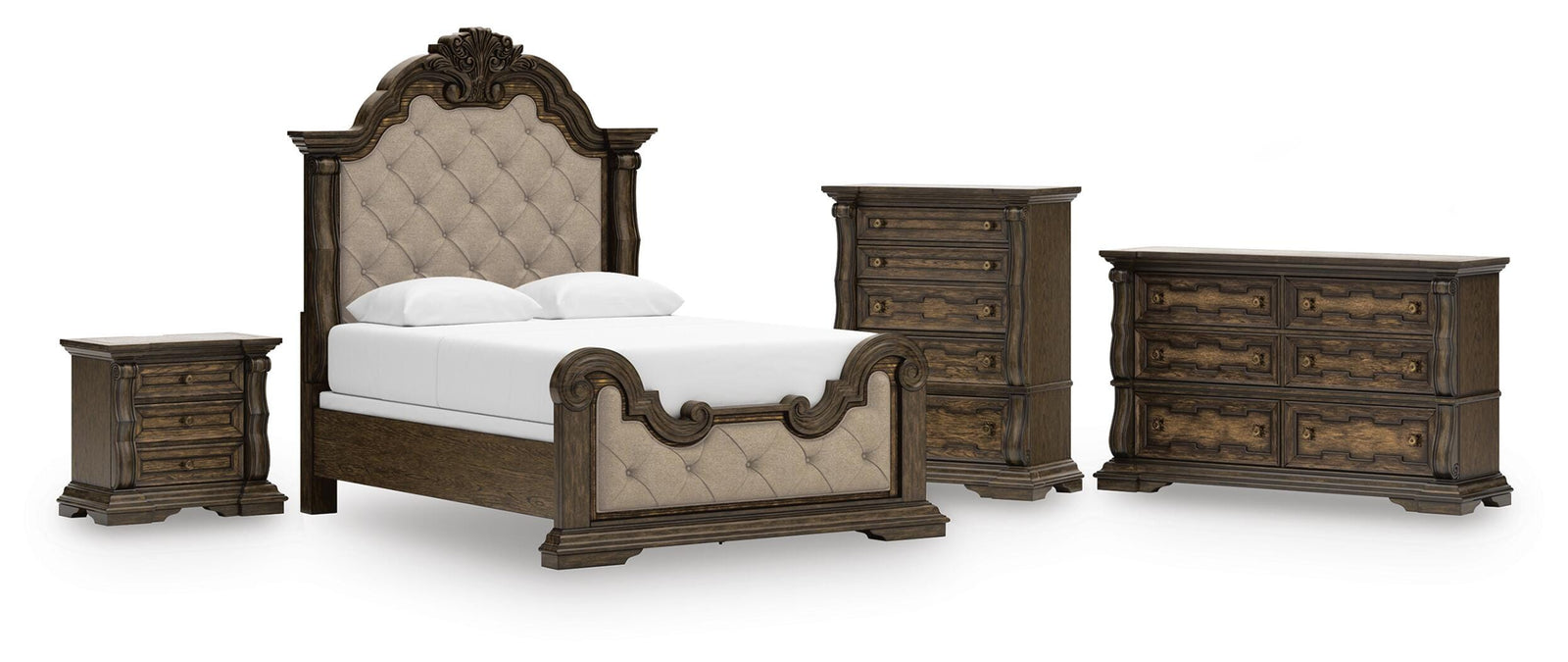 Maylee Upholstered Bed, Dresser, Chest and Nightstand - Dark Brown (B947-SI)