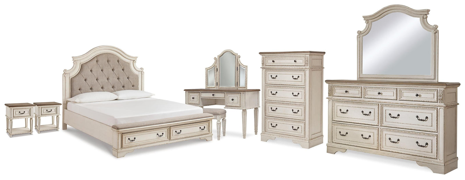 Realyn Storage Bed, Dresser, Mirror, Chest, Vanity with Stool and 2 Nightstands (B743-SI)