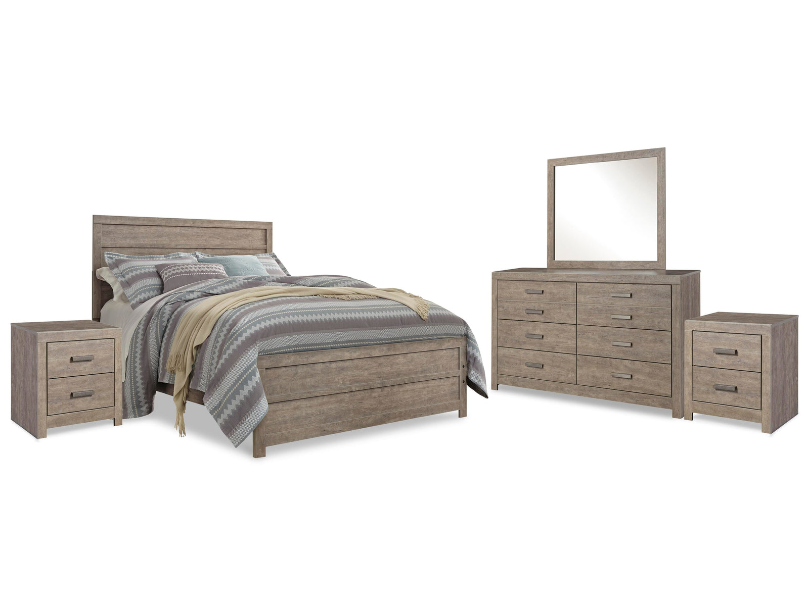 Culverbach Bed with Mirrored Dresser and 2 Nightstand - Gray (B070-SI)