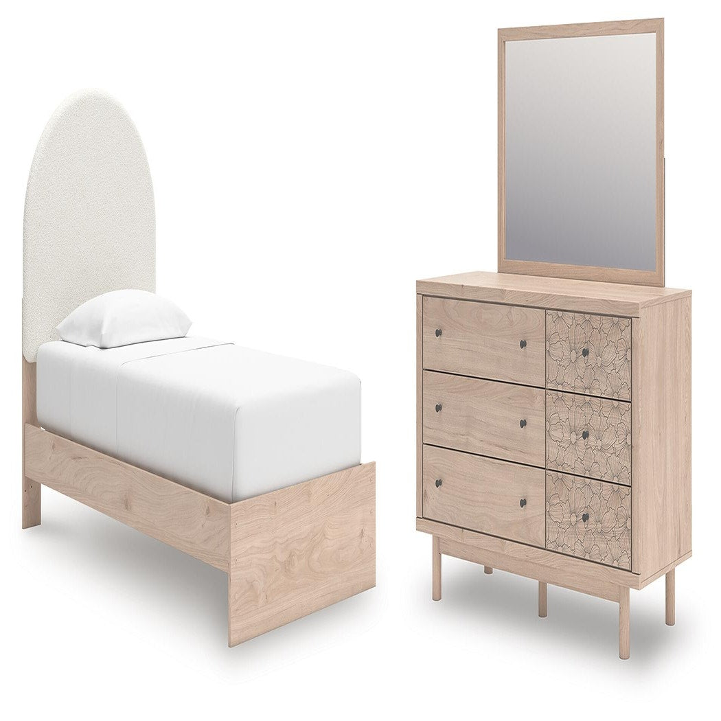 Arloster Twin Upholstered Panel Bed, Dresser and Mirror (PCB1566-SI)