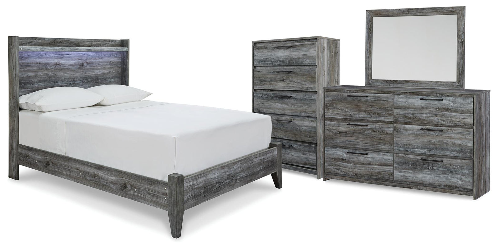 Baystorm Panel Bed, Dresser, Mirror and Chest - Gray (B221-SI)