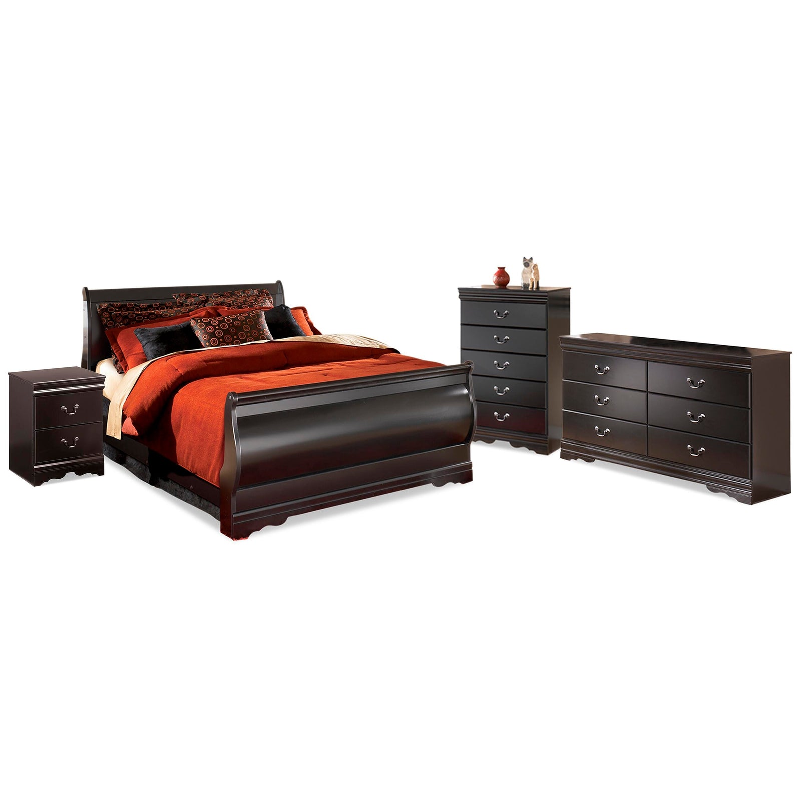 Huey Vineyard Sleigh Bed, Dresser, Mirror, Chest and Nightstand - Black (B128-SI)