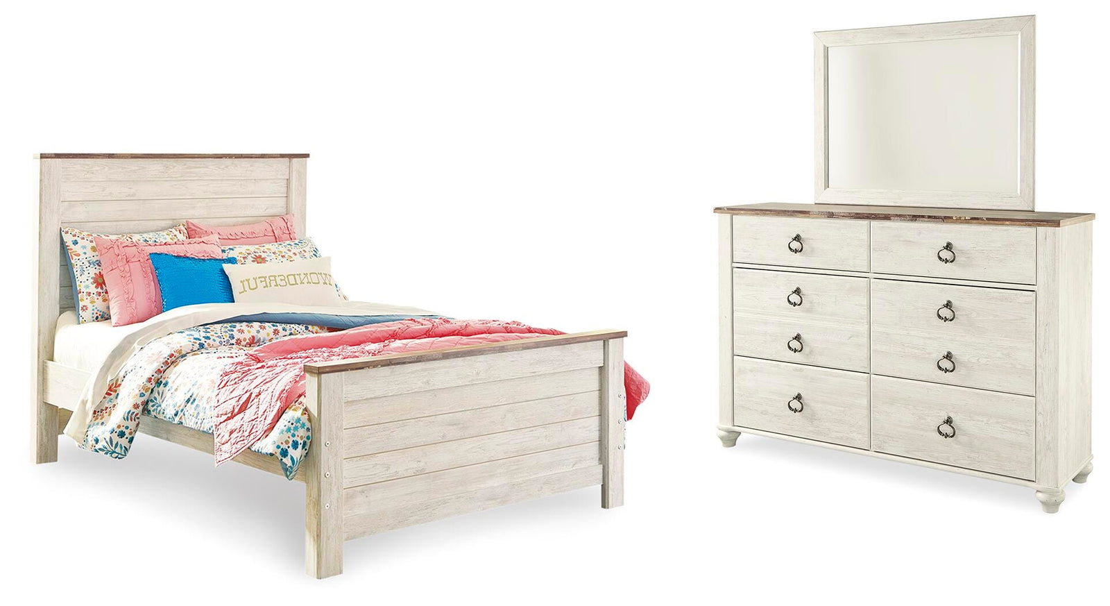 Willowton Panel Bed, Dresser and Mirror - Whitewash (B267-SI)