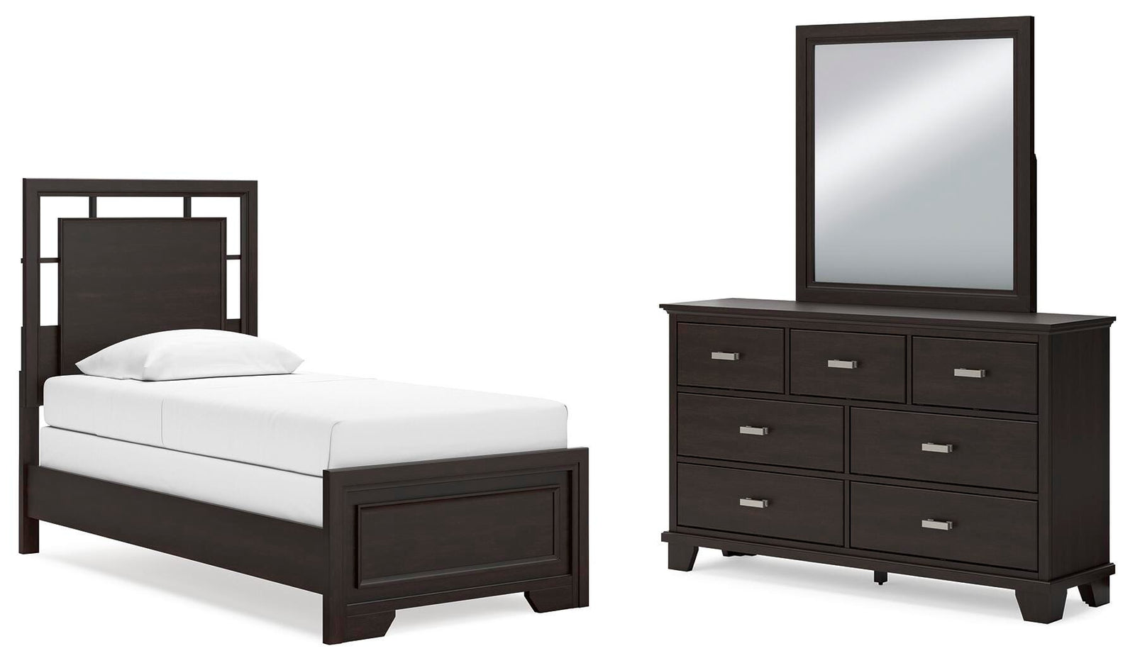 Covetown Panel Bed, Dresser and Mirror - Dark Brown (B441-SI)