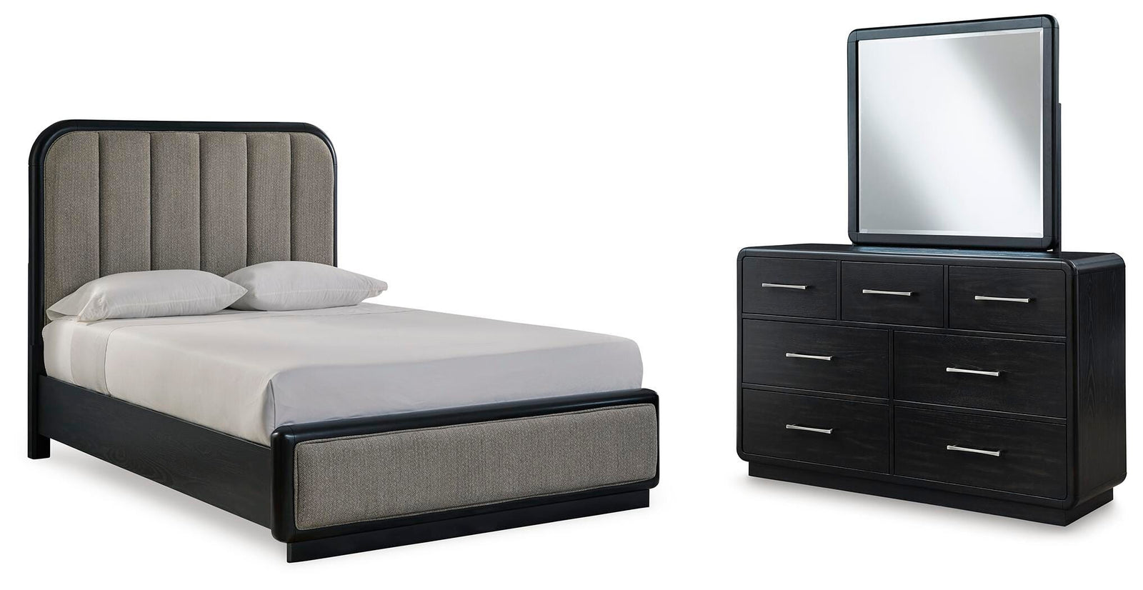 Rowanbeck Upholstered Panel Bed, Dresser and Mirror - Black (B821-SI)