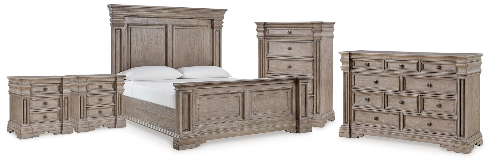 Blairhurst Panel Bed, Dresser, Chest and 2 Nightstands - Light Grayish Brown (B916-SI)