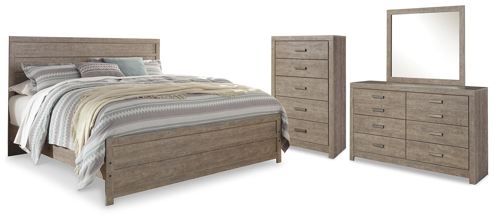 Culverbach Panel Bed, Dresser, Mirror and Chest - Gray (B070-SI)