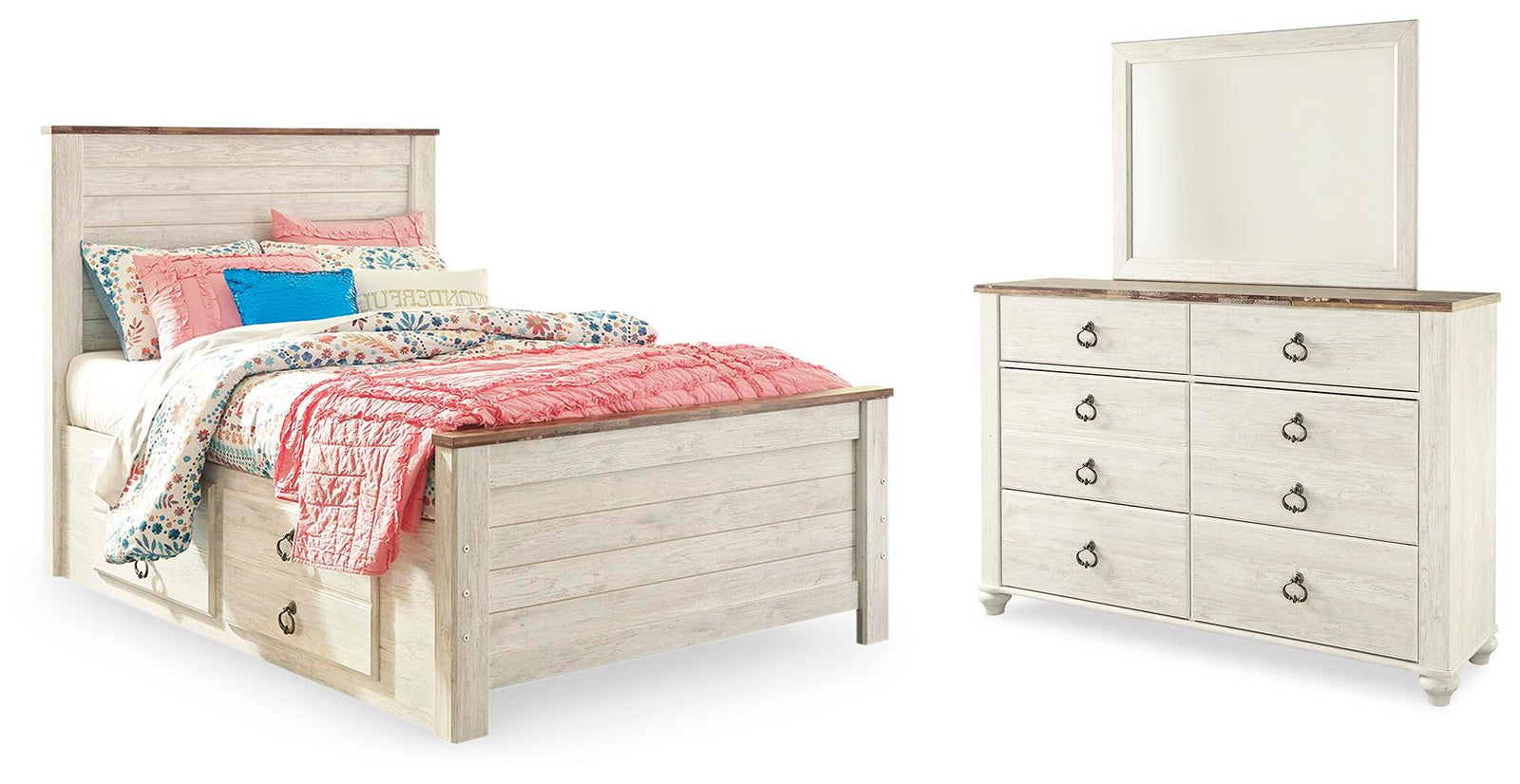 Willowton Panel Bed with Storage, Dresser and Mirror - Whitewash (B267-SI)
