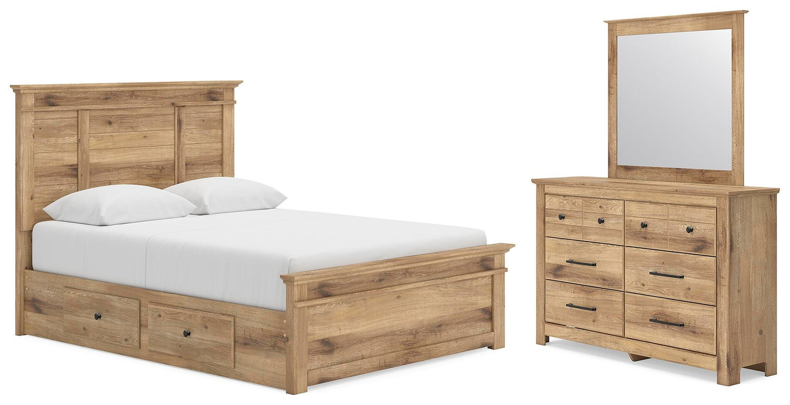 Makidern Queen Panel Bed with Storage, Dresser and Mirror (PCB1170-SI)