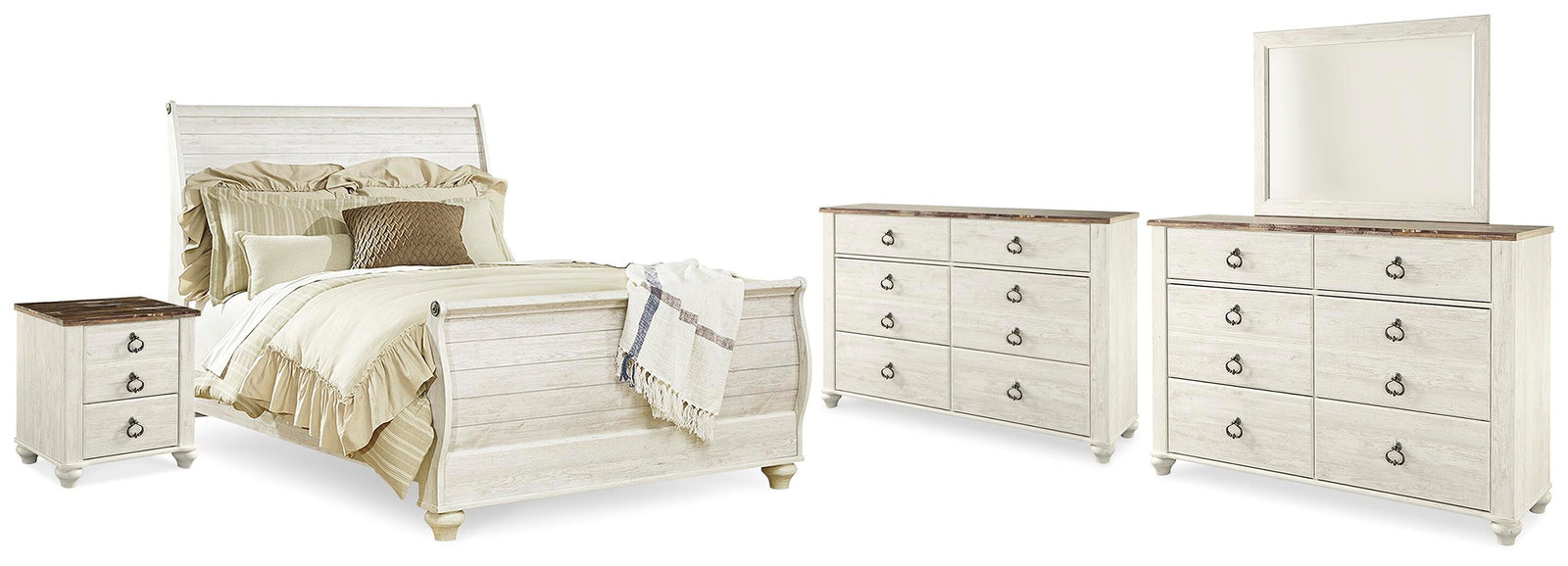 Willowton Bed, Dresser, Mirror and Chest - Whitewash (B267-SI)