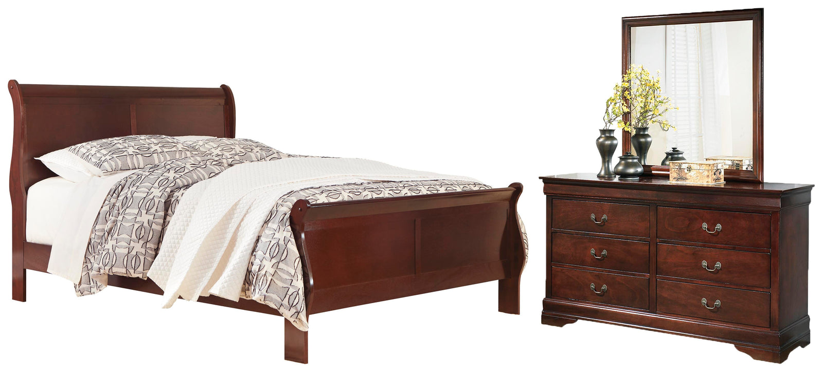 Alisdair Sleigh Bed, Dresser and Mirror - Reddish Brown (B376-SI)