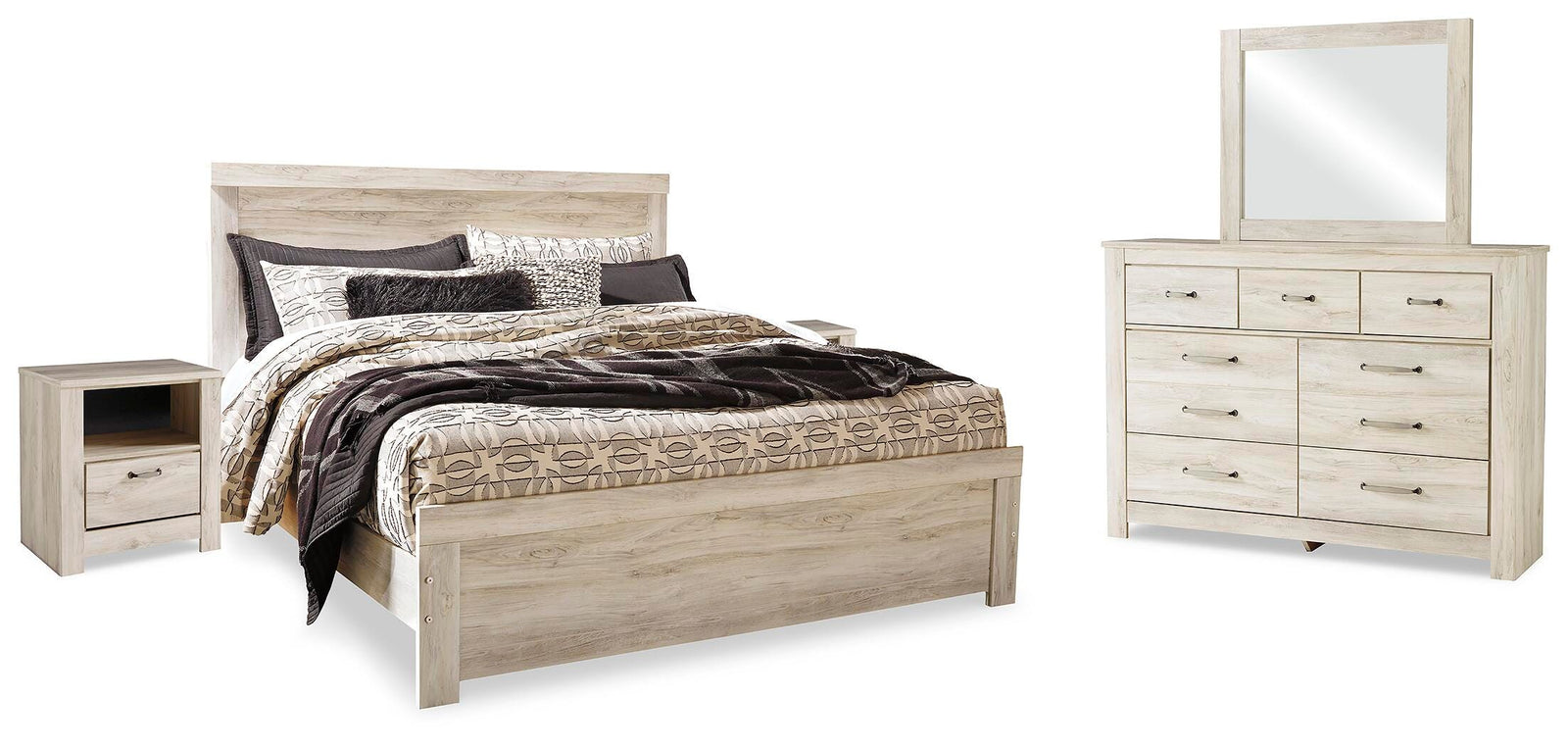 Bellaby Panel Bed, Dresser, Mirror and 2 Nightstands - Whitewash (B331-SI)