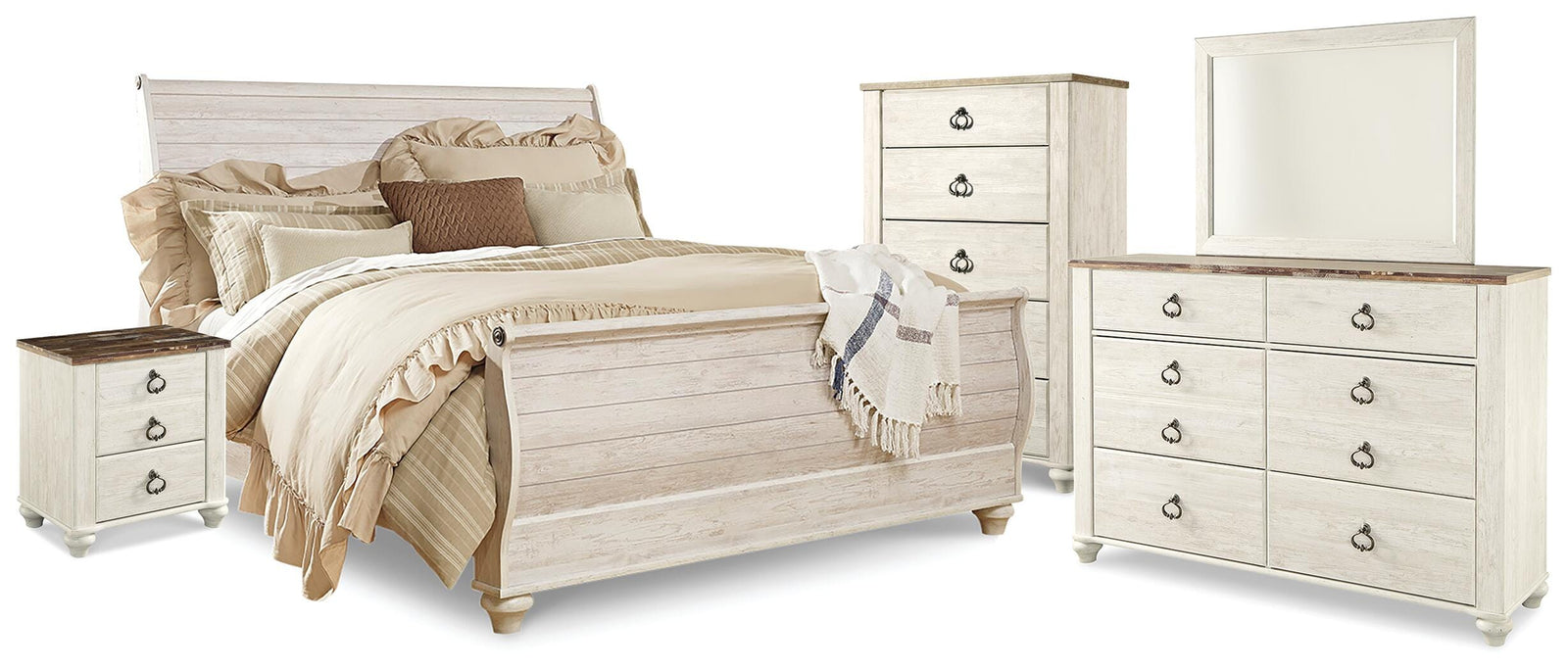 Willowton Sleigh Bed, Dresser, Mirror, Chest and Nightstand - Whitewash (B267-SI)