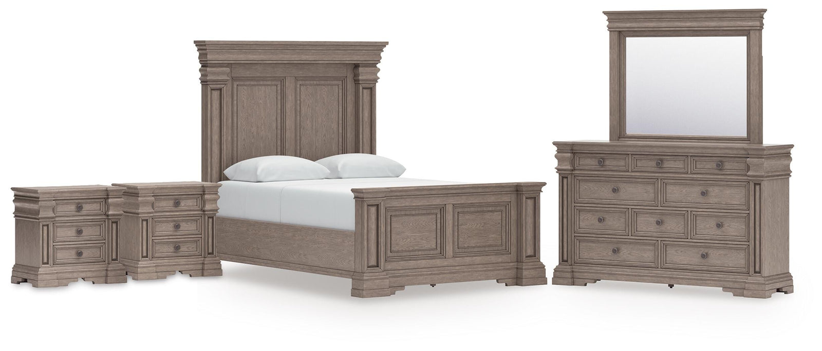 Blairhurst Panel Bed, Dresser, Mirror and 2 Nightstands - Light Grayish Brown (B916-SI)